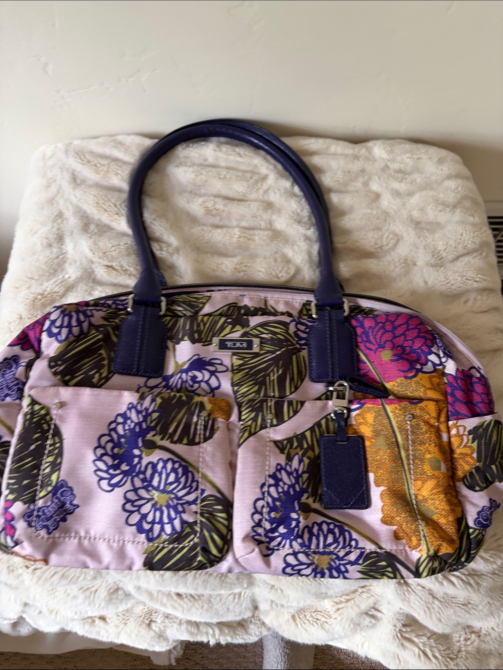 Tumi Floral Shoulder Tote in Lavender with Purple Trim